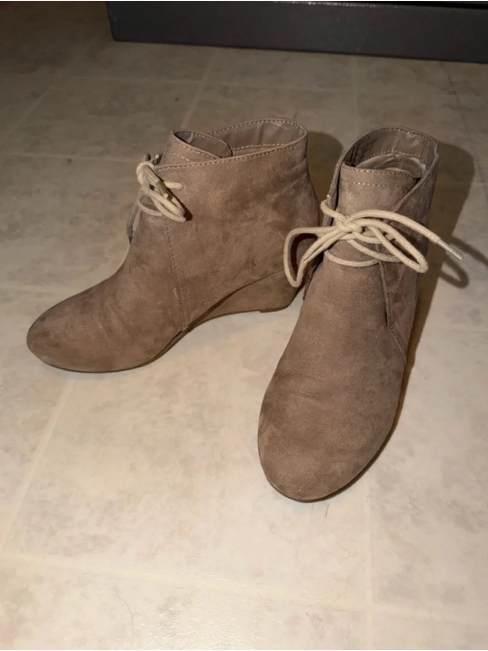 new directions Taupe Suede Lace-Up Ankle Wedge Booties